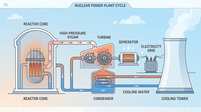 Educational infographic showing the nuclear power plant cycle with reactor core turbine and generator