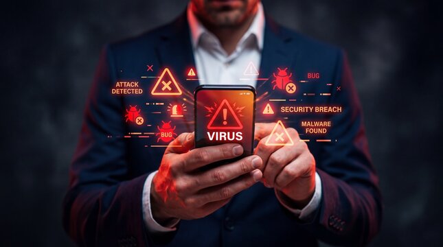 Businessman Holding Smartphone with Red Digital Virus Warning and Cybersecurity Breach Alerts in Dark Environment