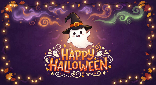 Cartoon ghost witch celebrating halloween with string lights