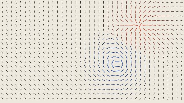 Vector field of tiny needles swirling into red and blue vortices on a cream tone
