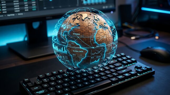 Global Data Networking Concept with Glowing Digital Earth Globe Hovering Above Backlit Keyboard