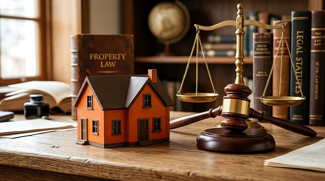 Real Estate and Property Law Concept with House Model, Judge Gavel, and Scales of Justice on Desk