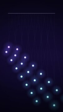 Vertical pendulum wave of glowing balls swinging in mesmerizing patterns