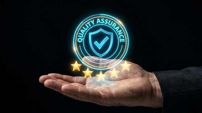 Businessman hand showing 5 stars and quality assurance seal icon for premium service standard