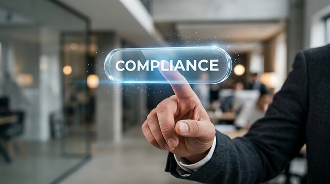 Businessman touching a virtual compliance button on a futuristic digital screen interface in office