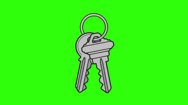An animated graphic set of metal keys on a key ring floating on a chroma key green background. Suitable for real estate videos, house opening concepts, security clips, rental promos, and motion graphi