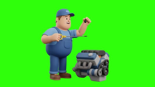 Cute 3D animated mechanic worker inspecting oil level on a dipstick next to a car engine block over a chroma key green background. Excellent for auto repair shop ads, car maintenance promos, oil chang