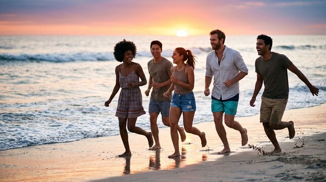 Diverse group of friends joyfully running along a beach at sunset with ocean waves and colorful sky