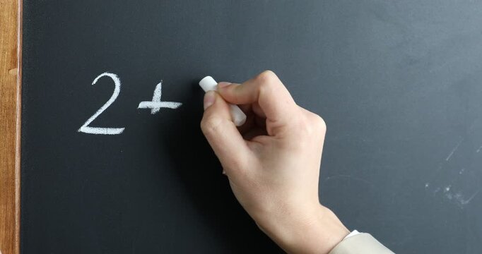 Woman writing mathematical equation on blackboard, closeup