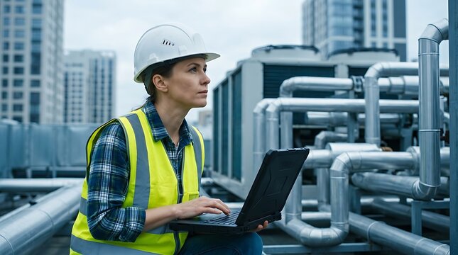 Female Engineer Using Laptop for HVAC Maintenance and System Inspection on Urban Building Rooftop