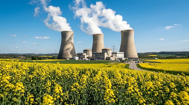 Nuclear power plant cooling towers with steam emission behind a bright yellow blooming rapeseed field