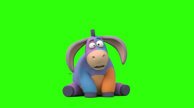 A 3D animated cartoon colorful donkey character sitting and looking around on a chroma key green background. Ideal for kids animation, cartoon videos, animal storybooks, and video compositing.