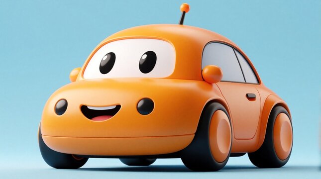 Cute orange robot car with smiling face. Friendly autonomous vehicle 3D render. Smart electric toy car mascot for future mobility, AI tech. Minimalist cartoon character drives on blue background.