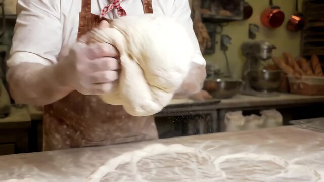 Tracking shot of a baker expertly kneading dough on a floured surface, transitioning into the rise of the dough in a warm environment, showcasing texture and movement