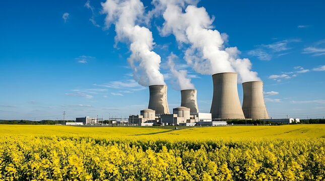 Industrial nuclear power station with cooling towers emitting steam in a yellow flower field landscape