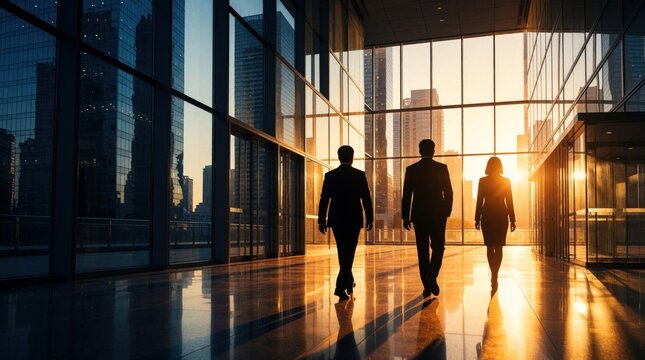 Business people walk through modern glass office building at sunset. Silhouettes of businessman, businesswoman move along corridor with city skyscraper view. Corporate team heading to meeting work in