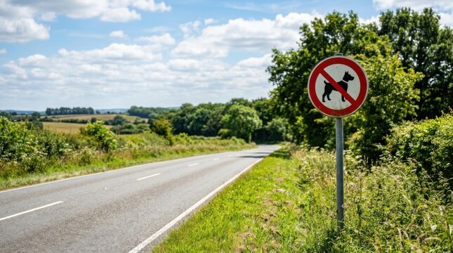 No Dogs Allowed Sign on Country Road with Green Landscape and Blue Sky