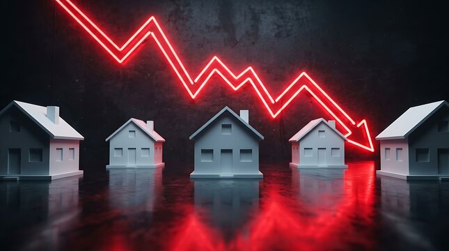 Real Estate Market Crash Concept with Red Neon Downward Graph Arrow and Miniature White Houses