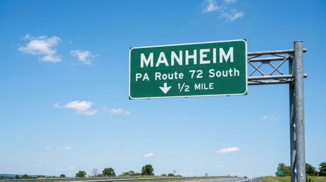 Manheim PA Route 72 South Sign Directional highway marker for Manheim Pennsylvania indicating 1 2 mile ahead