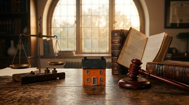 Small House Model on Wooden Desk with Judge Gavel and Law Books for Property and Real Estate Law Concept