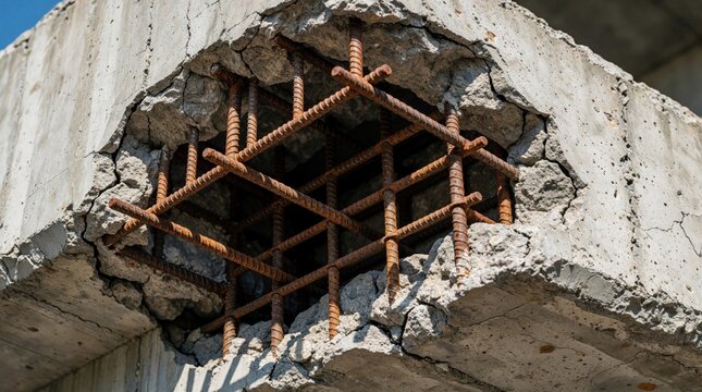 Close up of damaged reinforced concrete structure. Rusty steel rebar grid exposed through large spalling hole in grey cement beam. Corrosion, oxidation destroy building material causing serious