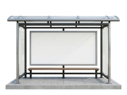 Modern Bus Stop Shelter with Blank Billboard and Wooden Bench Isolated on White Background