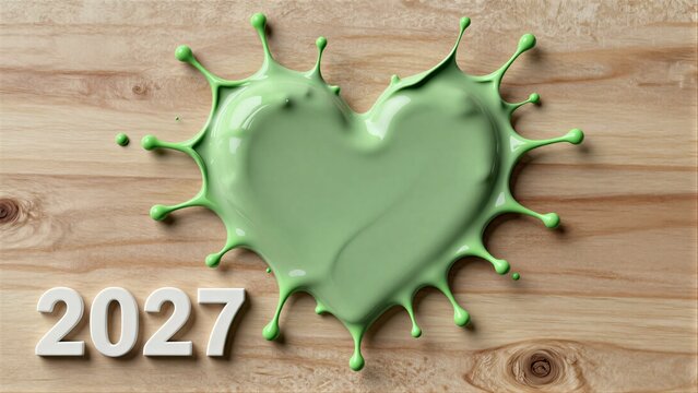 Green paint heart splat on wood, year 2027 boldly displayed.