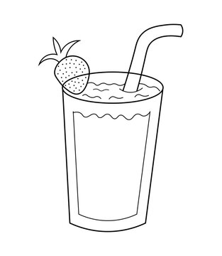 Hand drawn vector line art illustration of a glass of strawberry juice with straw and strawberry garnish isolated on white background