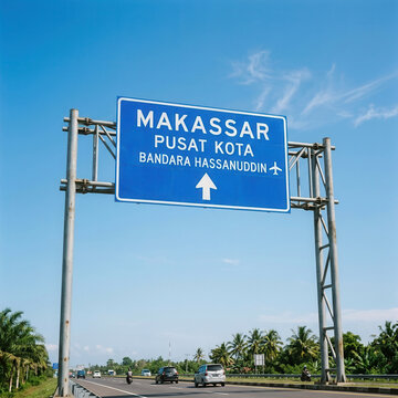 Makassar City Center And Airport Road Sign With Blue Sky