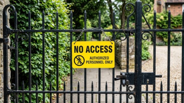 No Access Authorized Personnel Only Sign on Wrought Iron Gate Restricted Entry Private Property Warning