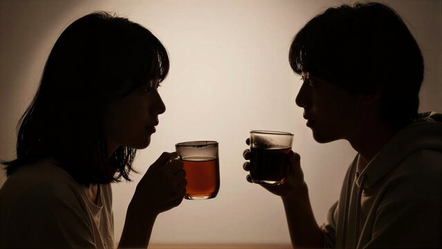 Silhouetted couple shares tea, intimate moment bathed in soft backlight glow.