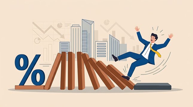 Financial crisis concept with businessman falling from domino effect caused by high interest rates
