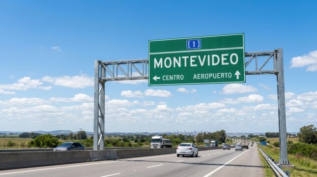 Montevideo direction sign on highway Uruguay travel and destination concept