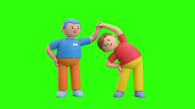 Cute 3D animated physiotherapist fitness trainer guiding patient through side bend stretching exercise over a chroma key green background. Perfect for physical therapy clinic promos, rehabilitation ce