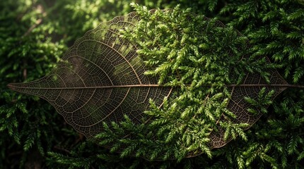 Obraz premium Macro shot of skeleton leaf with detailed vein structure. Green moss grows over dried leaf on forest floor. Natural organic texture shows intricate plant patterns. Small fern fronds overlap brown