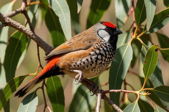 Red eared firetail finch perches on eucalyptus tree branch. Small colorful Australian bird with red head, black chest shows bright plumage. Exotic native avian wildlife sits in green leaves in