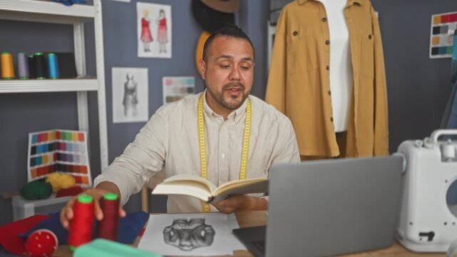 Man reading a book while holding red thread spools and a tape measure in a studio with mannequin, sewing machine and color swatches; creative focus.