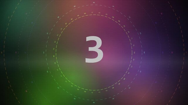Seamless CRT screen effect with glowing gradient color blobs, rotating HUD rings, and a massive Hollywood-style cinematic countdown from 5 to 1 featuring RGB split transitions.