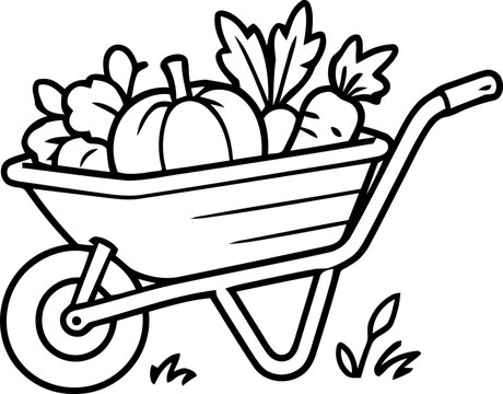 Wheelbarrow with fresh vegetables line art outline coloring book