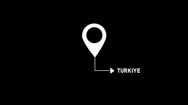 Animated white turkiye location pin with dynamic text reveal on black background, turkey map marker geolocation