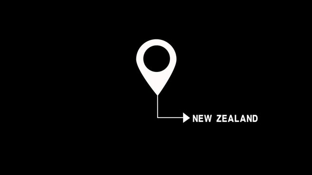 Animated location pin with new zealand text label on black background, for travel and, mapping projects