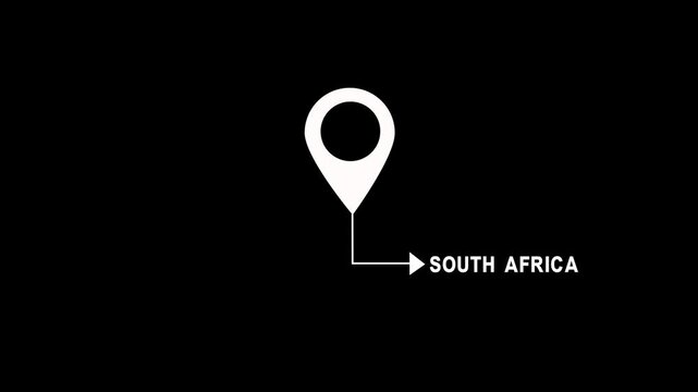 Animated map pin pointer with south africa country text label callout hud on black background, location marker