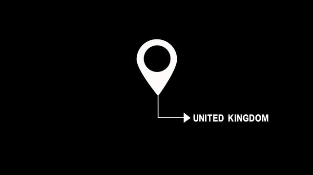 Animated map pin pointer with united kingdom text label on black background, for travel and, navigation projects