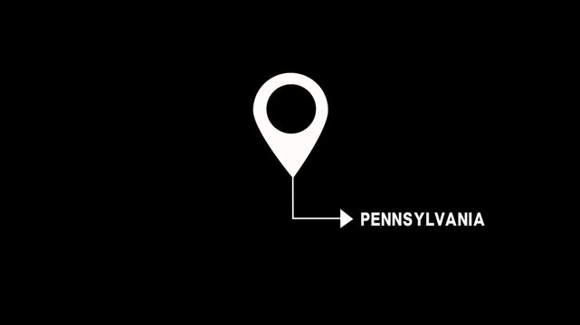 Pennsylvania location pin animation with clean minimalist typography on black background, state marker
