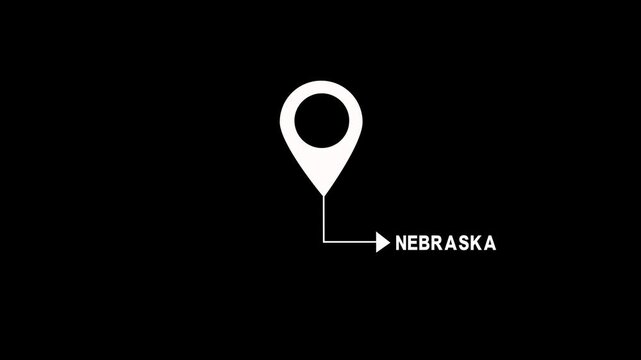 Nebraska location pin pointer animation on black background, map marker gps, pointer geography