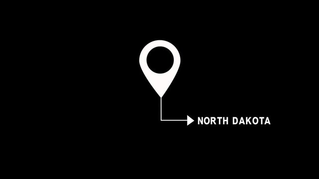 North dakota location pin map marker animation with black background, and white minimalist