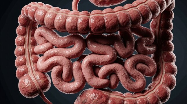 Medical 3D illustration of human digestive system. Large intestine, small bowel show inflammation, redness, swelling. Anatomical view represents Crohn disease, ulcerative colitis stomach pain.