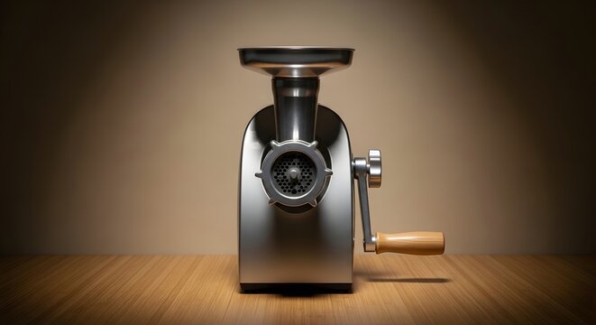Manual Stainless Steel Meat Grinder on Wooden Countertop for Kitchen Processing