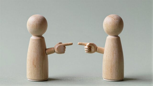 Two wooden figures point at each other, symbolizing conflict or accusation.