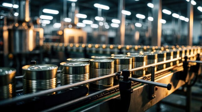 Metal food cans move on conveyor belt in modern factory. Automated production line processes canned goods in industrial plant. Stainless steel machinery handles mass manufacturing of food products